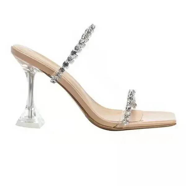 Womens Rhinestone Slippers | UV-Resistant Square-Toe High-Heel Shoes in Black, Peach, White