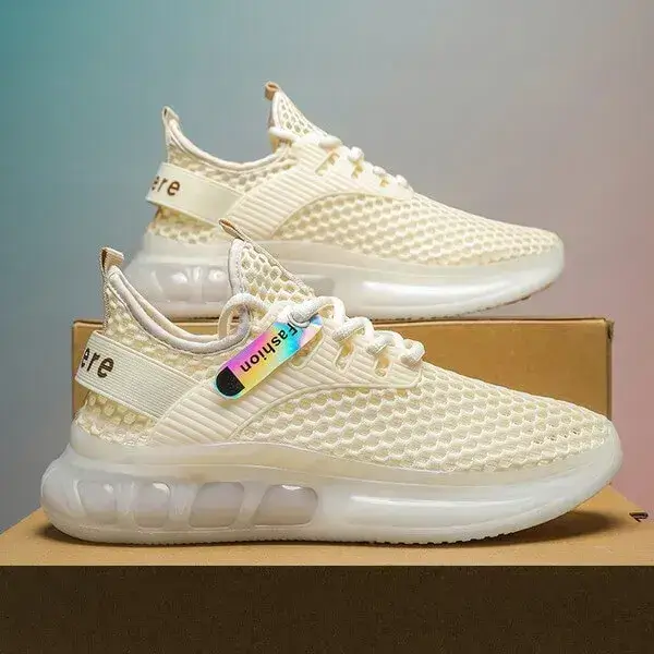 Mens Lightweight Mesh Sneakers | Breathable Thick-Sole Low-Top Shoes in Beige, Black, White